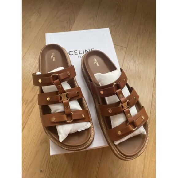 Celine Brown Leather Sandals with Gold Accents - Picture 1 of 4